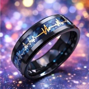 Elegant Black and Blue Ring with Gold Pulse Design
